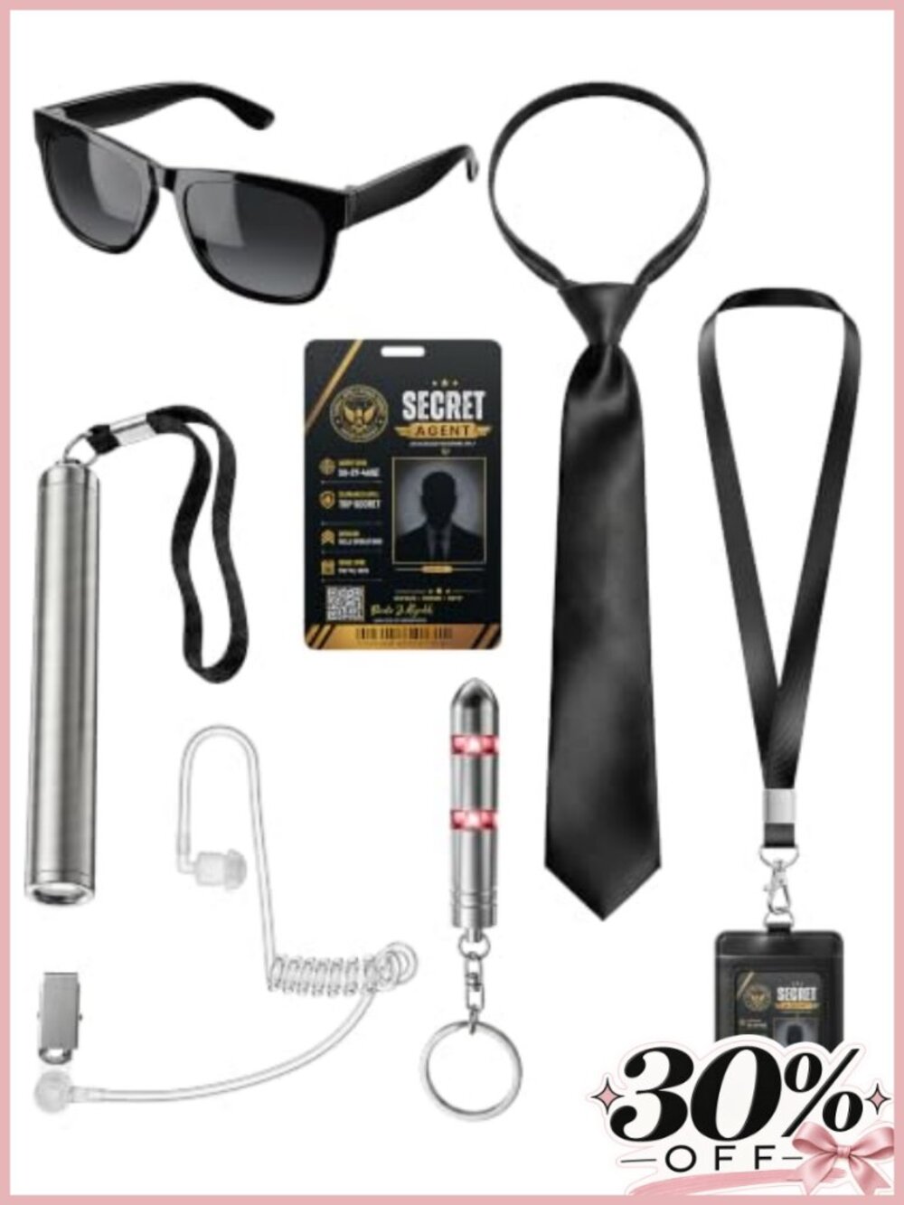 Secret Agent Spy Costume Accessory Set Sunglasses Tie Earpiece ID